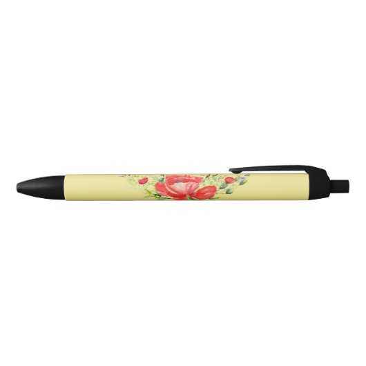 Stylo Noir Aquarelle Rouge Poppies Personnalisé (Haut)
