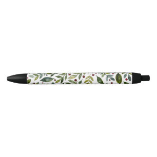 Stylo Noir Aquarelle verte branches saisonnières et baies