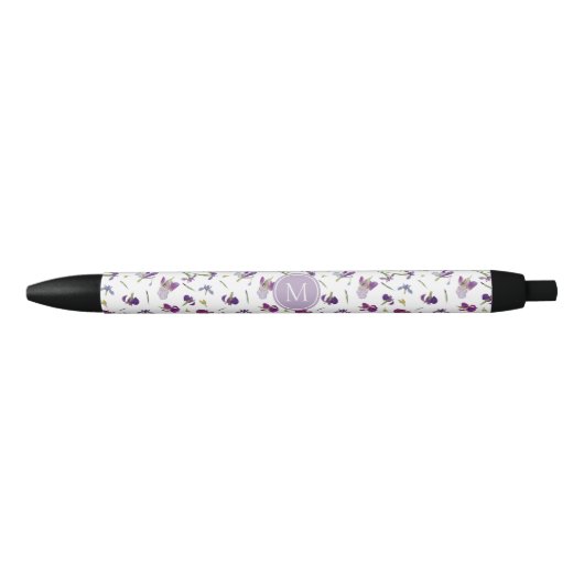 Stylo Noir Aquarelle violette Motif Irises Florales (Devant)