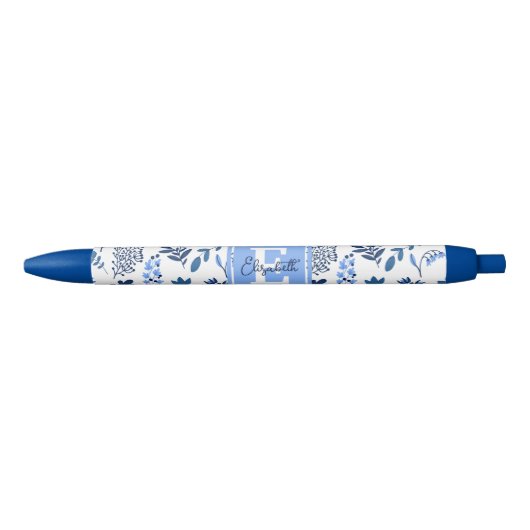 Stylo Noir Art Botanique Moderne Folk Fleurs Bleues Monogramm (Devant)