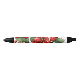 Stylo Noir Baies Rouges Vibrantes avec des Feuilles Vertes Lu