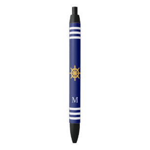 Stylo Noir Barre à roue et monogramme sur fond bleu