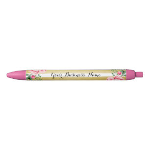 Stylo Noir Beau décor floral avec des rayures d'or blanc