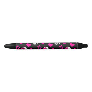 Stylo Noir Beaux crânes de Goth dans le rose lumineux