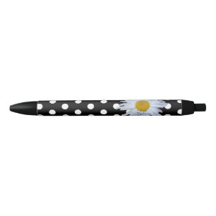 Stylo Noir Black Chic Blanc Pois Fun Daisy Personnalisé