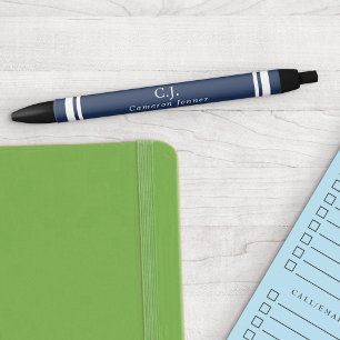 Stylo Noir Bleu marine lignes blanches monogrammées