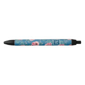 Stylo Noir Bleu océan | Chic Aquarelle Floral Monogramme (Devant)