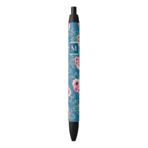 Stylo Noir Bleu océan Chic Aquarelle Floral Monogramme