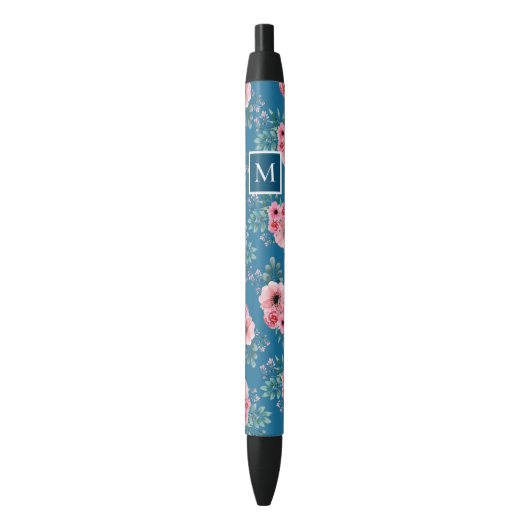 Stylo Noir Bleu océan | Chic Aquarelle Floral Monogramme (devant Vertical)