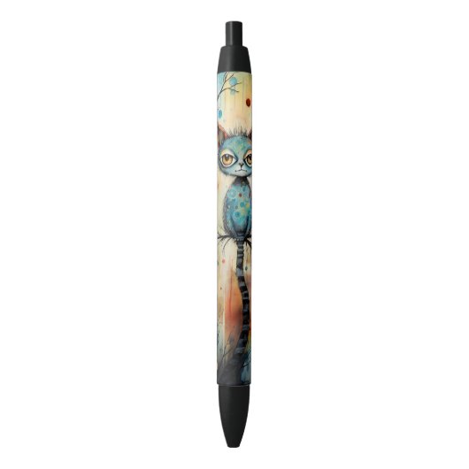 Stylo Noir Bleu Quirky Chat Whimsical Big Eyes Écriture (devant Vertical)