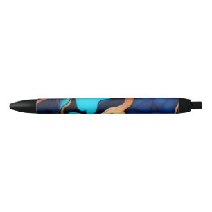 Stylo Noir Bleu tendance en or faux marbre