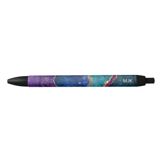Stylo Noir Blue Purple Aqua Gold Veines Agate Monogramme (Devant)