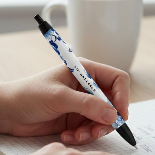 Stylo Noir Blue White Floral Pen with Customizable Name