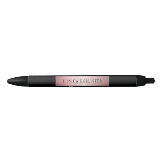 Stylo Noir Blush Élégant Faux Or Rose | Nom & Initiales (Devant)