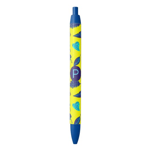 Stylo Noir Bright Yellow Tropical Leaf Pattern Monogram (devant Vertical)