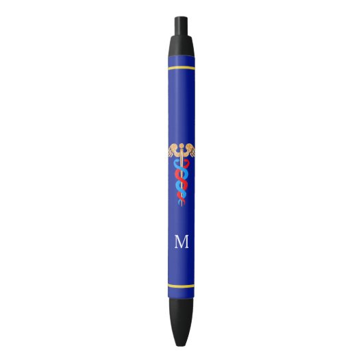 Stylo Noir Caducée et monogramme sur fond bleu (devant Vertical)