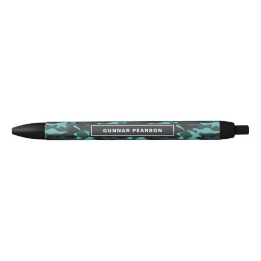 Stylo Noir Camouflage moderne Nom du Motif Bleu (Devant)