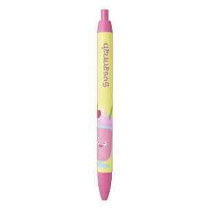 Stylo Noir Caricature de crème glacée de fraise mignonne