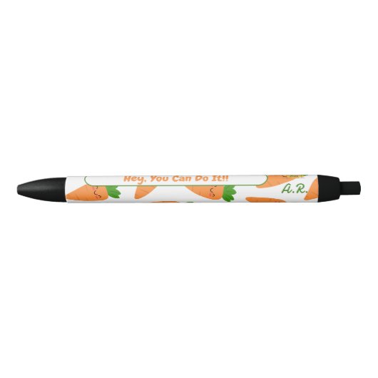 Stylo Noir Carottes orange mignonnes Monogramme vert Initiale (Devant)