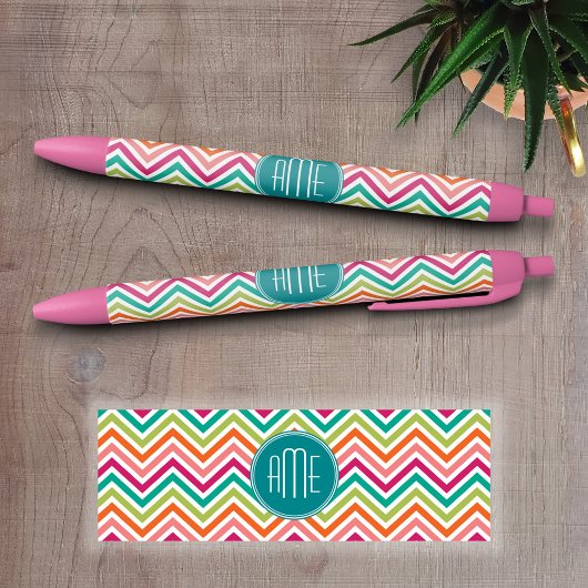 Stylo Noir Chaud rose Turquoise Orange Chevrons Personnalisé
