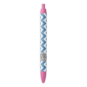 Stylo Noir Chevron bleu, Gris Floral Personnalisé Monogramme