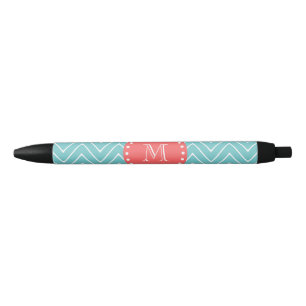 Stylo Noir Chevron turquoise et de corail avec le monogramme