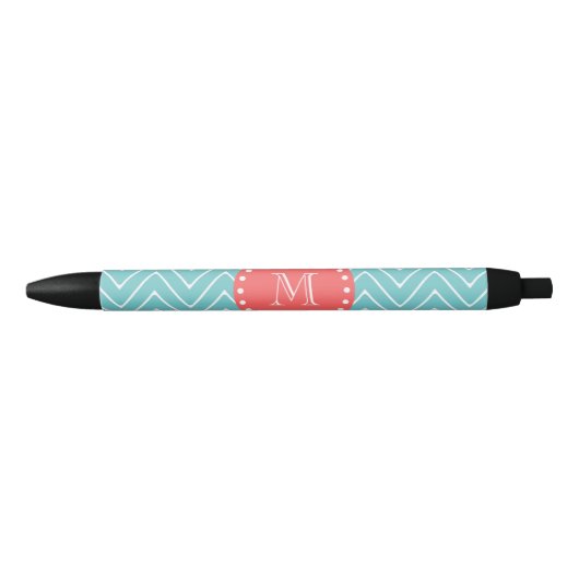 Stylo Noir Chevron turquoise et de corail avec le monogramme (Devant)