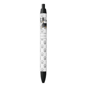 Stylo Noir Chien Chihuahua à poil long tricolore noir & nom