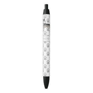 Stylo Noir Chien de dessin animé Husky sibérien gris & nom