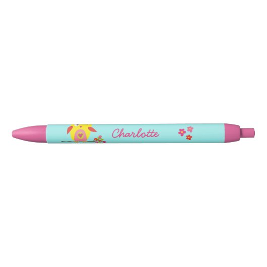 Stylo Noir Chouette sur branche avec Fleurs roses Nom personn (Devant)