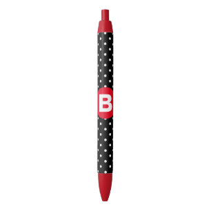 Stylo Noir Classique pois noir et blanc avec monogramme rouge