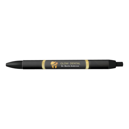 Stylo Noir Clinique Dentaire Professionnelle Logo Dent en Or (Devant)