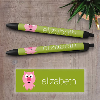 Stylo Noir Cochon de ferme en caricatures - rose et vert citr