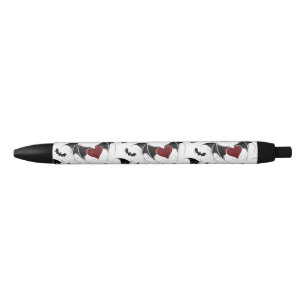 Stylo Noir Coeur d'Halloween avec ailes de chauve-souris noir