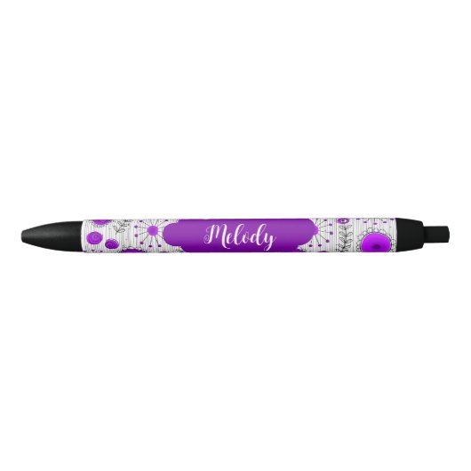 Stylo Noir Coeurs blancs violet blanc Whimsical fleurs nom fl (Devant)