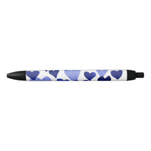 Stylo Noir Coeurs d'aquarelle de la Saint-Valentin - bleu