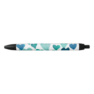Stylo Noir Coeurs d'aquarelle de la Saint-Valentin - turquois