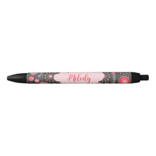Stylo Noir Coeurs gris-blanc et fleurs nom floral