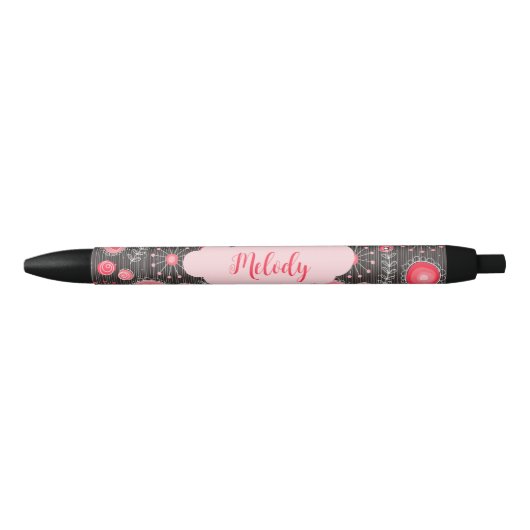 Stylo Noir Coeurs gris-blanc et fleurs nom floral (Devant)