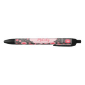 Stylo Noir Coeurs gris-blanc et fleurs nom floral (Bas)