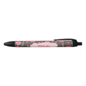 Stylo Noir Coeurs gris-blanc et fleurs nom floral (Haut)