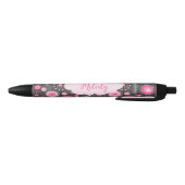Stylo Noir Coeurs gris rose blanc et nom fleuri (Bas)
