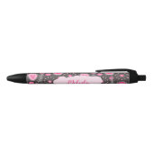 Stylo Noir Coeurs gris rose blanc et nom fleuri (Haut)