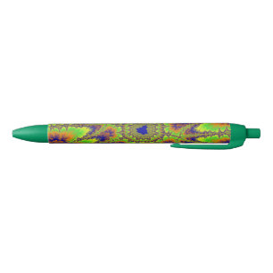 Stylo Noir Coloré Fractal vert, orange et bleu