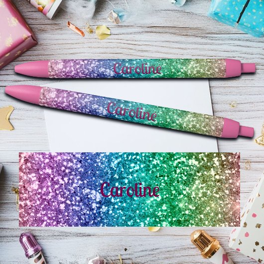 Stylo Noir Colorful Rainbow Glitter Custom Name