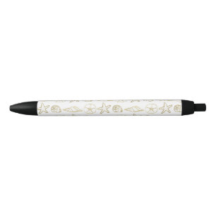 Stylo Noir Coquillages dorés élégants plage chic blanc