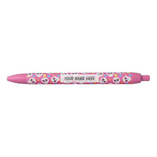 Stylo Noir Crânes de sucre jolies et mignonnes sur rose Perso