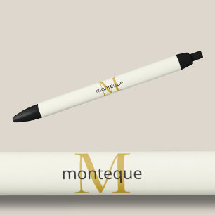 Stylo Noir Crème Or Monogramme Nom Personnalisé Cadeau Luxe
