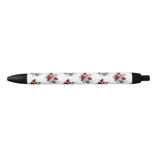 Stylo Noir Croissant mécanique avec roses rouges (Devant)