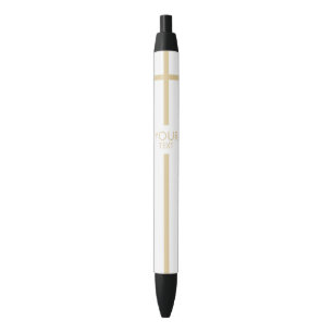 Stylo Noir Croix blanche et or simple avec votre texte